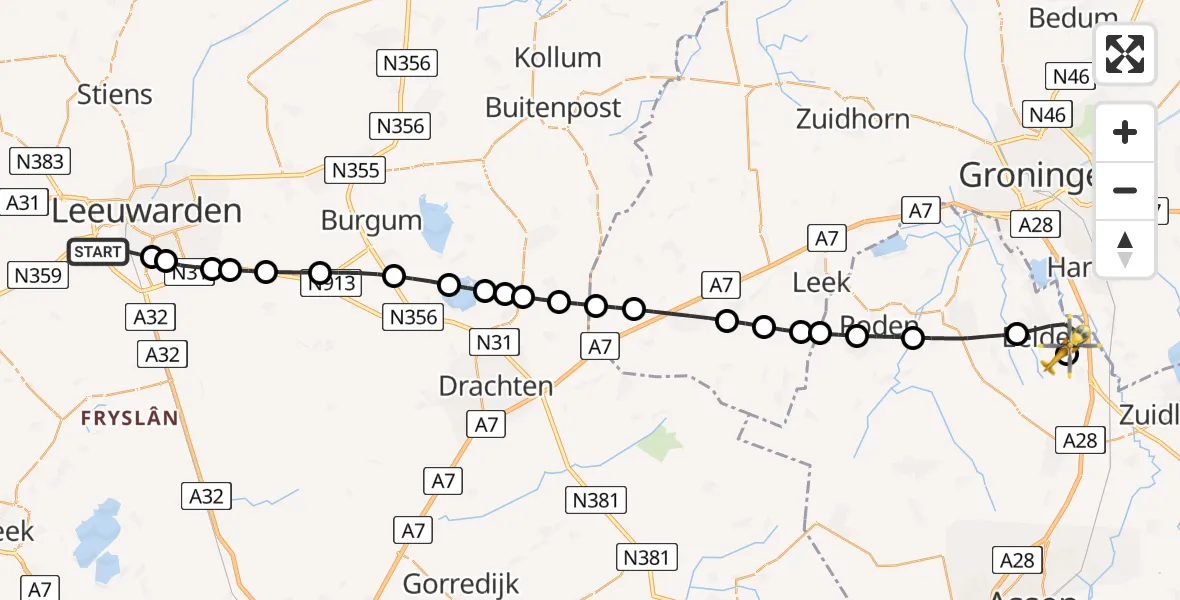 Vluchtroute Traumahelikopter Leeuwarden - Groningen Airport Eelde, 08 juli 2026, 16:52