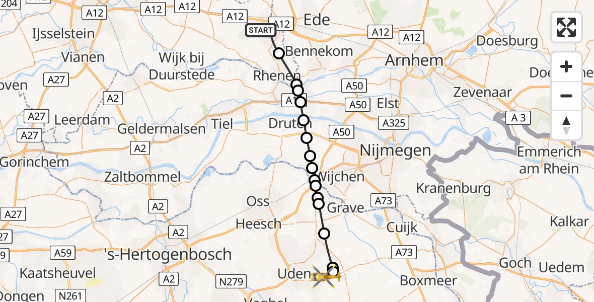 Vluchtroute Traumahelikopter Veenendaal - Vliegbasis Volkel, 08 juli 2026, 20:05