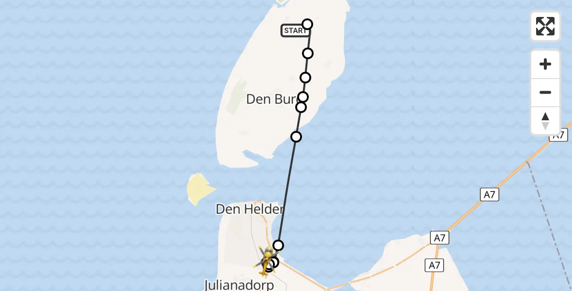 Vluchtroute Ambulancehelikopter Texel International Airport - Den Helder, 08 juli 2026, 20:16