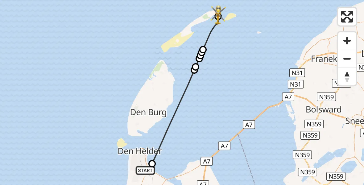 Vluchtroute Ambulancehelikopter Den Helder - Vlieland Heliport, 08 juli 2026, 20:43