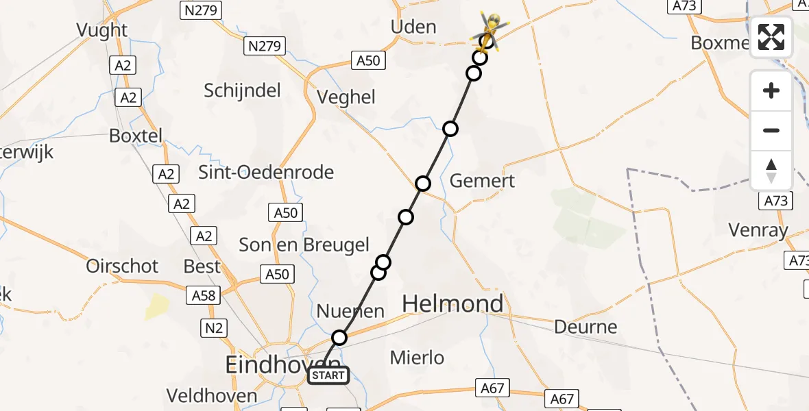Vluchtroute Traumahelikopter Eindhoven - Vliegbasis Volkel, 08 juli 2026, 21:07