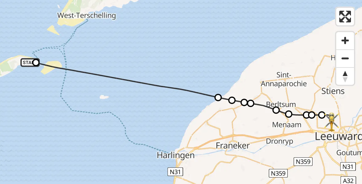 Vluchtroute Ambulancehelikopter Vlieland Heliport - Vliegbasis Leeuwarden, 09 juli 2026, 03:47