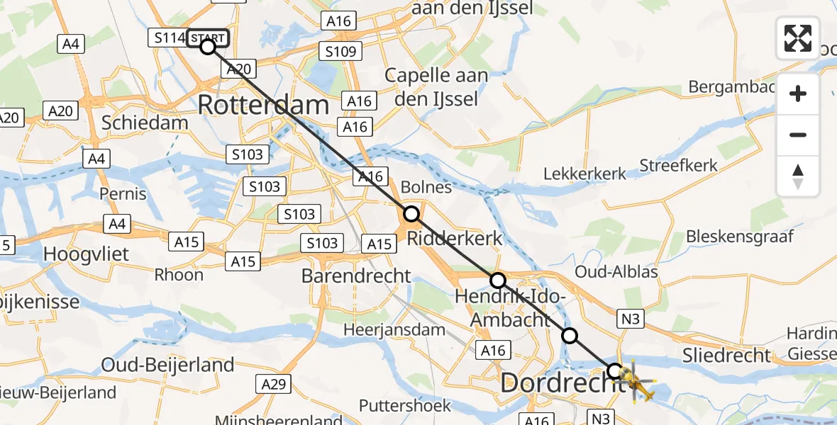 Vluchtroute Traumahelikopter Rotterdam The Hague Airport - Dordrecht, 09 juli 2026, 05:23