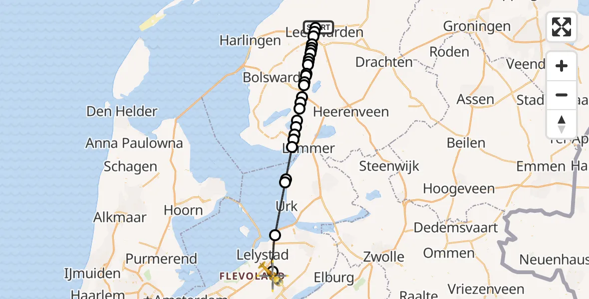 Vluchtroute Ambulancehelikopter Vliegbasis Leeuwarden - Lelystad Airport, 09 juli 2026, 05:30