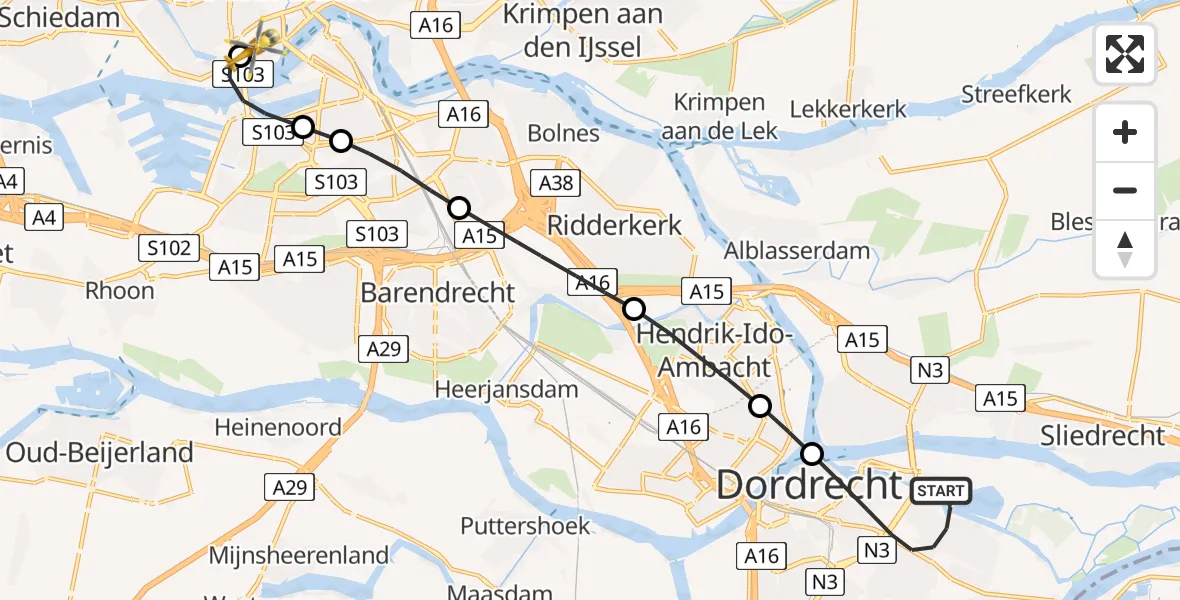Vluchtroute Traumahelikopter Dordrecht - Erasmus MC, 09 juli 2026, 06:02