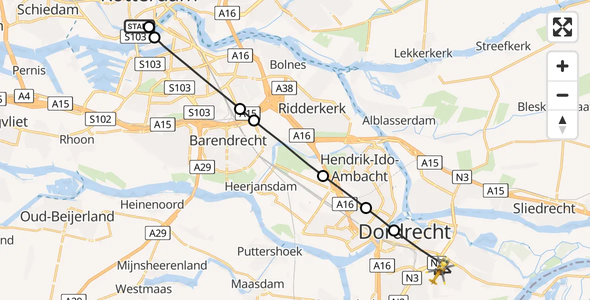 Vluchtroute Traumahelikopter Erasmus MC - Dordrecht, 09 juli 2026, 06:28