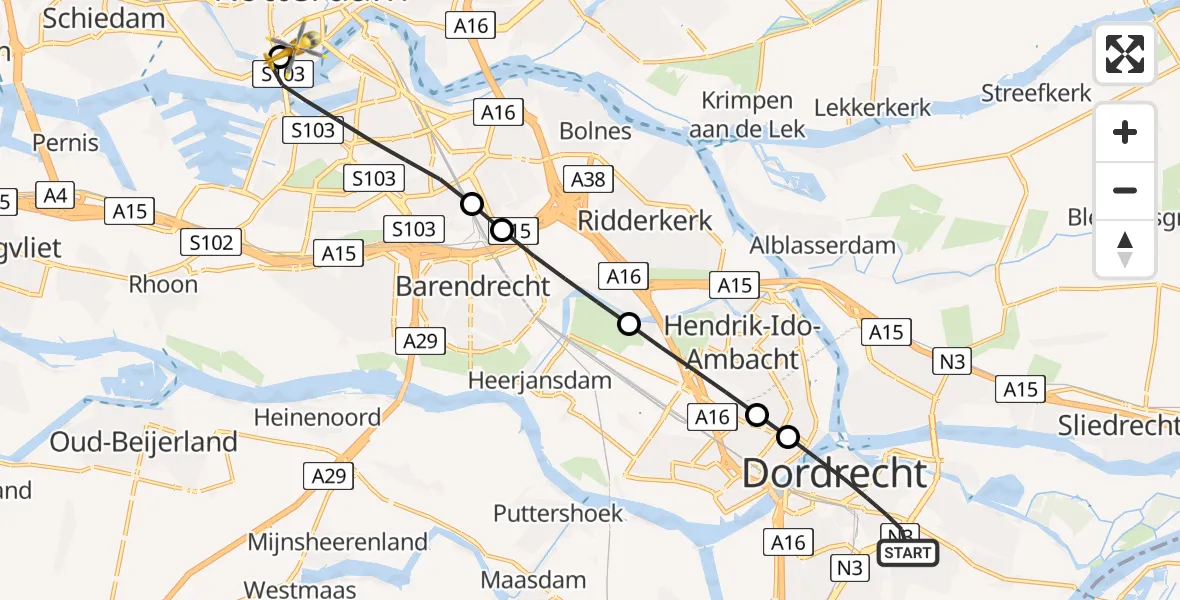 Vluchtroute Traumahelikopter Dordrecht - Erasmus MC, 09 juli 2026, 06:59