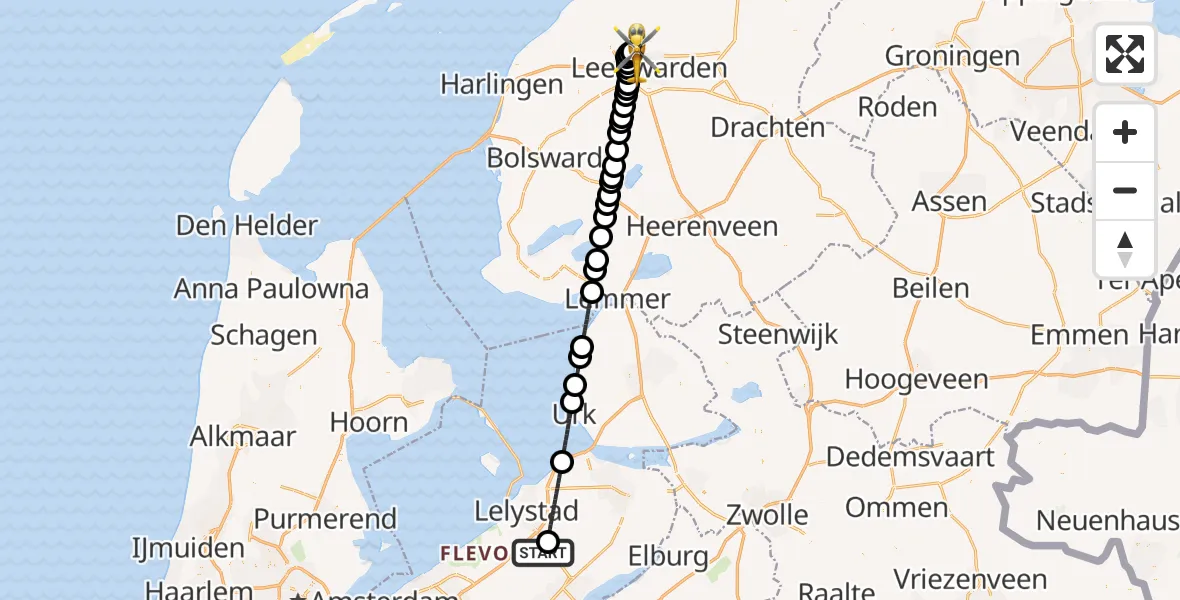 Vluchtroute Ambulancehelikopter Lelystad Airport - Vliegbasis Leeuwarden, 09 juli 2026, 07:14