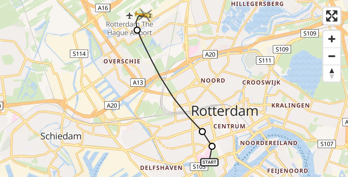 Vluchtroute Traumahelikopter Erasmus MC - Rotterdam The Hague Airport, 09 juli 2026, 07:29