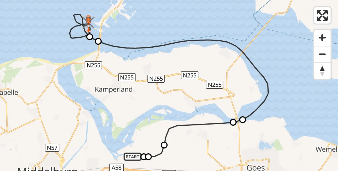 Vluchtroute Kustwachthelikopter Vliegveld Midden-Zeeland - Noordzee, 09 juli 2026, 08:07