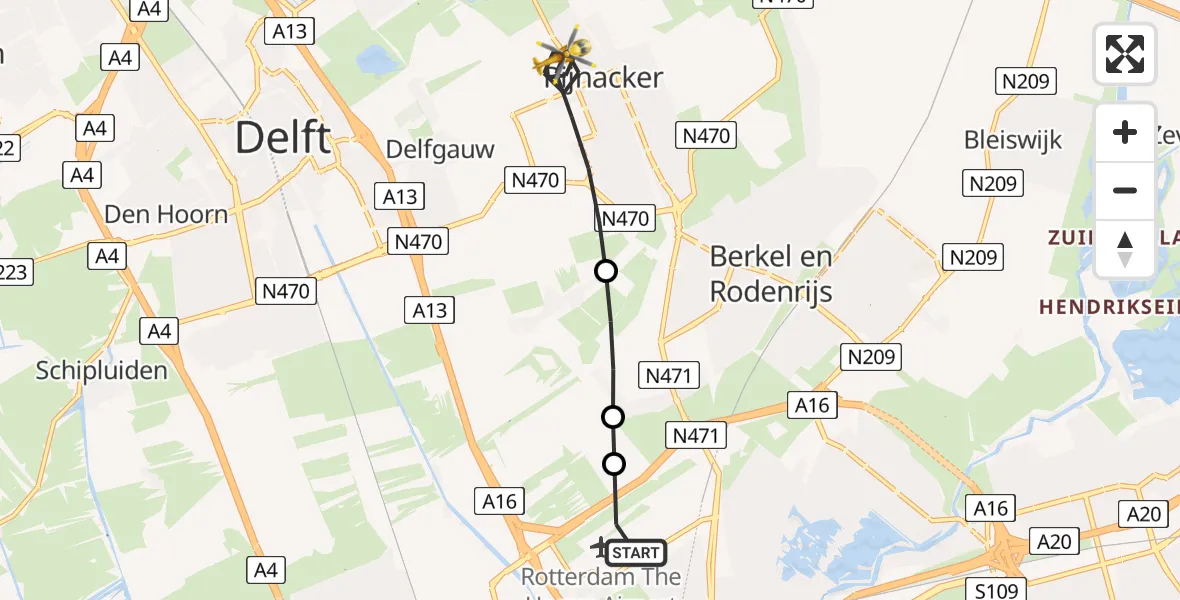 Vluchtroute Traumahelikopter Rotterdam The Hague Airport - Pijnacker, 09 juli 2026, 08:14