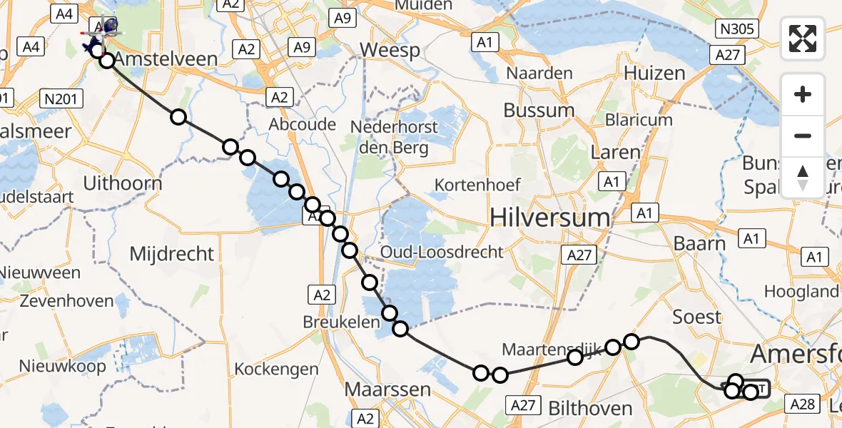 Vluchtroute Politiehelikopter Amersfoort - Amsterdam Vliegveld Schiphol, 09 juli 2026, 08:37