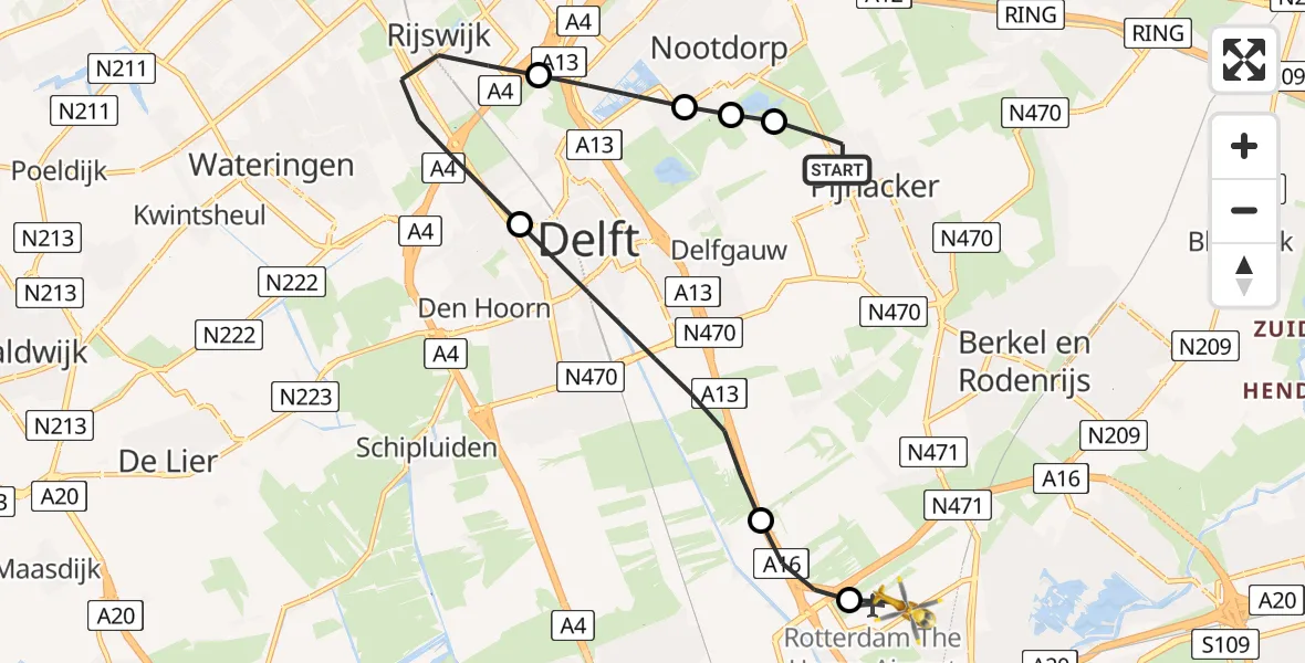 Vluchtroute Traumahelikopter Pijnacker - Rotterdam The Hague Airport, 09 juli 2026, 08:50