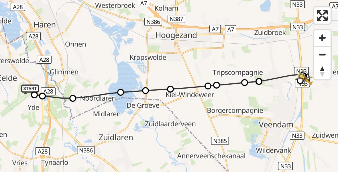 Vluchtroute Traumahelikopter Groningen Airport Eelde - Meeden, 09 juli 2026, 08:53