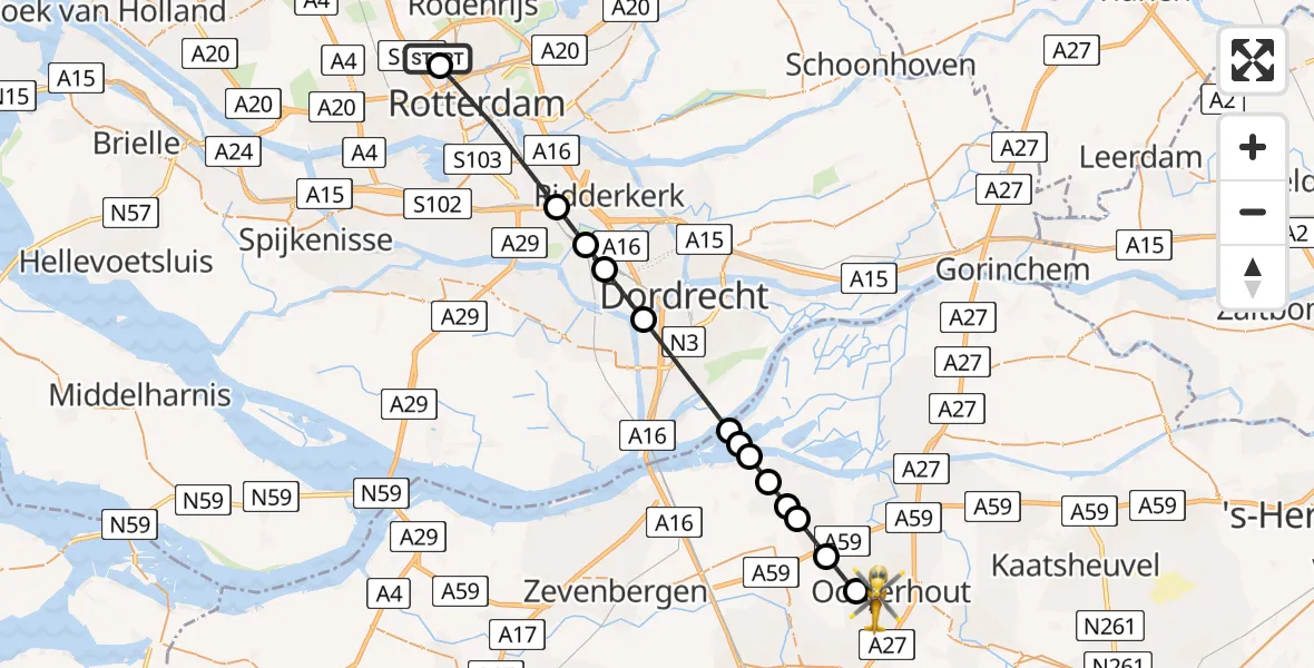 Vluchtroute Traumahelikopter Rotterdam The Hague Airport - Oosterhout, 09 juli 2026, 09:14