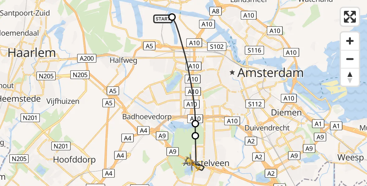 Vluchtroute Traumahelikopter Amsterdam Heliport - Amstelveen, 09 juli 2026, 09:19