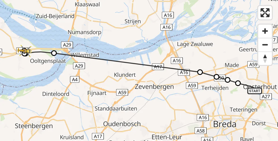 Vluchtroute Traumahelikopter Oosterhout - Ooltgensplaat, 09 juli 2026, 09:50