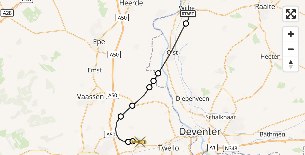 Vluchtroute Traumahelikopter Wijhe - Vliegveld Teuge, 09 juli 2026, 10:00