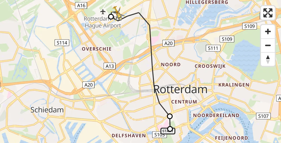 Vluchtroute Traumahelikopter Erasmus MC - Rotterdam The Hague Airport, 09 juli 2026, 11:04