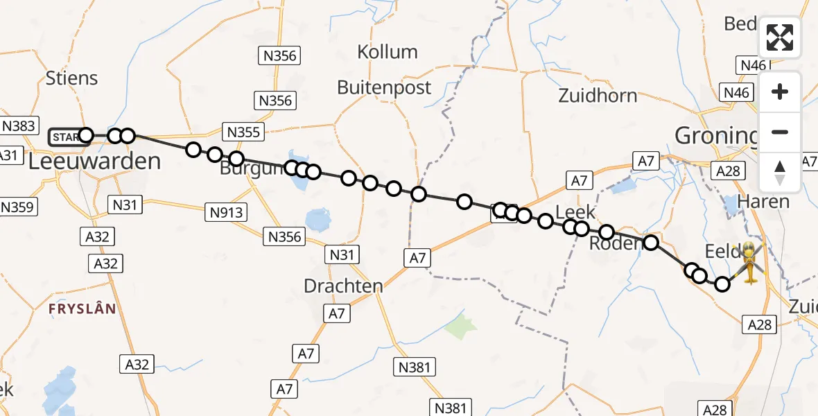 Vluchtroute Traumahelikopter Vliegbasis Leeuwarden - Groningen Airport Eelde, 09 juli 2026, 11:34