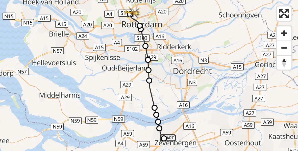 Vluchtroute Traumahelikopter Zevenbergen - Rotterdam The Hague Airport, 09 juli 2026, 12:55