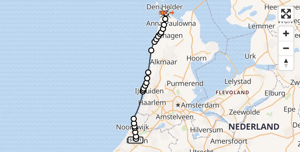 Vluchtroute Kustwachthelikopter Leiden University Medical Center Heliport - Militair vliegveld De Kooy / Den Helder Airport, 09 juli 2026, 13:40