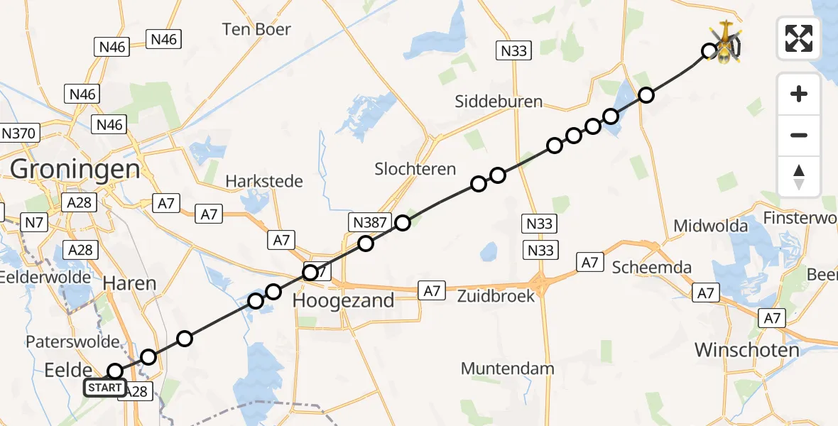 Vluchtroute Traumahelikopter Groningen Airport Eelde - Woldendorp, 09 juli 2026, 13:45