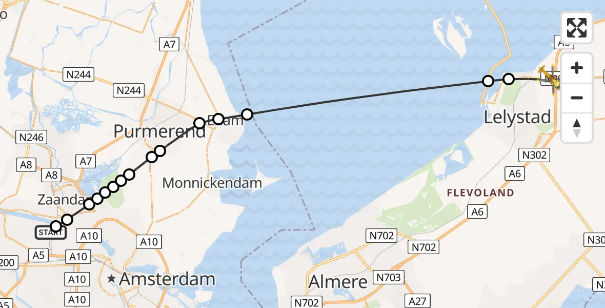 Vluchtroute Traumahelikopter Amsterdam Heliport - Lelystad, 09 juli 2026, 13:45