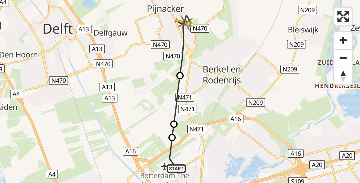 Vluchtroute Traumahelikopter Rotterdam The Hague Airport - Pijnacker, 09 juli 2026, 14:04