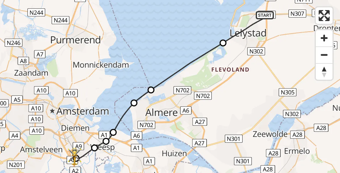 Vluchtroute Traumahelikopter Lelystad - Amsterdam UMC Helipad, 09 juli 2026, 14:18
