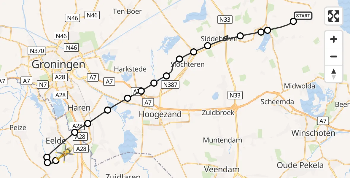 Vluchtroute Traumahelikopter Woldendorp - Groningen Airport Eelde, 09 juli 2026, 14:20