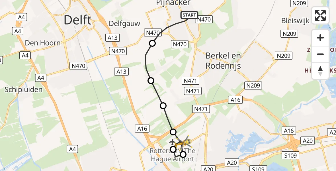 Vluchtroute Traumahelikopter Pijnacker - Rotterdam The Hague Airport, 09 juli 2026, 14:22