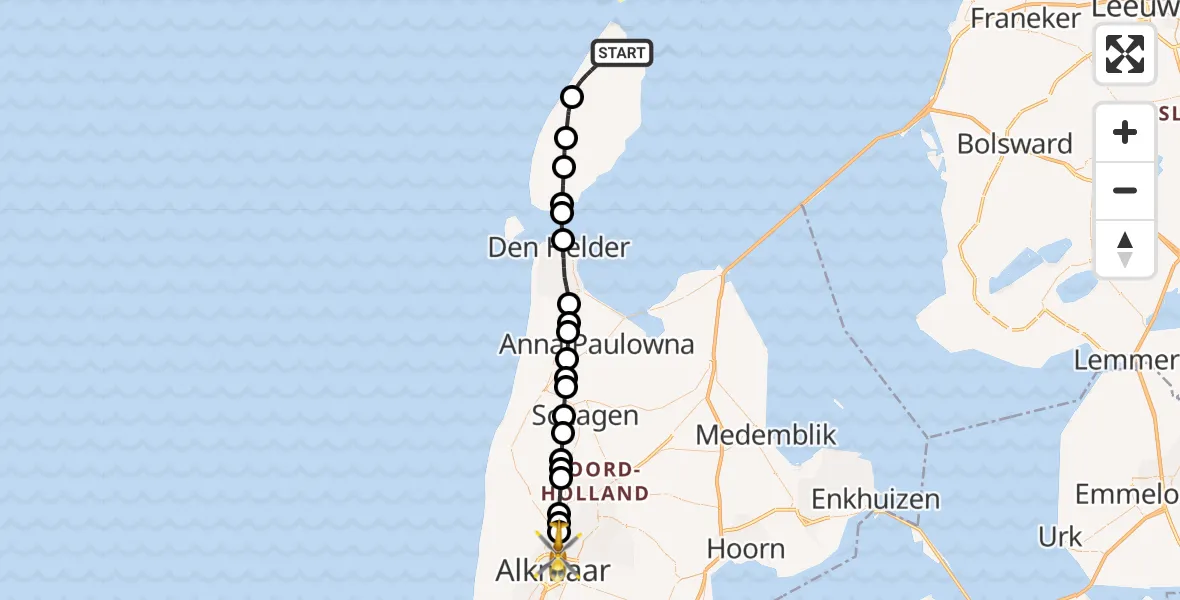 Vluchtroute Ambulancehelikopter De Cocksdorp - Alkmaar, 09 juli 2026, 14:46
