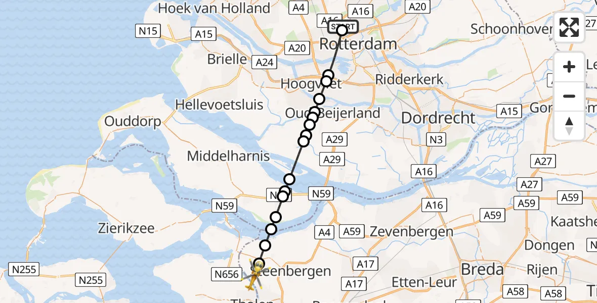 Vluchtroute Traumahelikopter Rotterdam The Hague Airport - Nieuw-Vossemeer, 09 juli 2026, 16:24