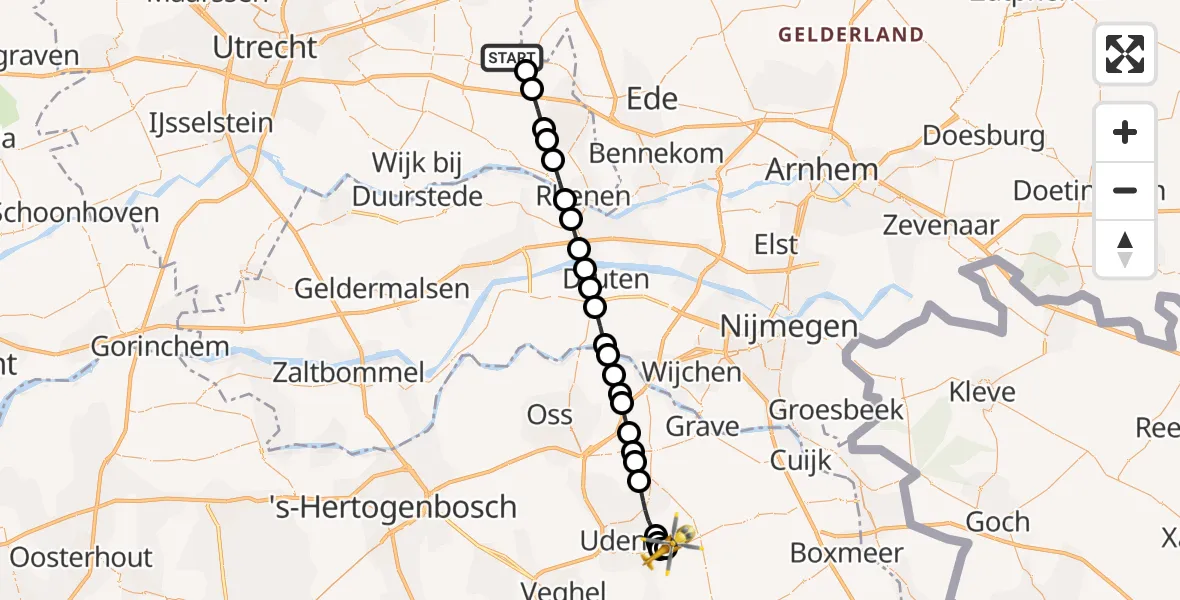 Vluchtroute Traumahelikopter Scherpenzeel - Vliegbasis Volkel, 09 juli 2026, 17:50