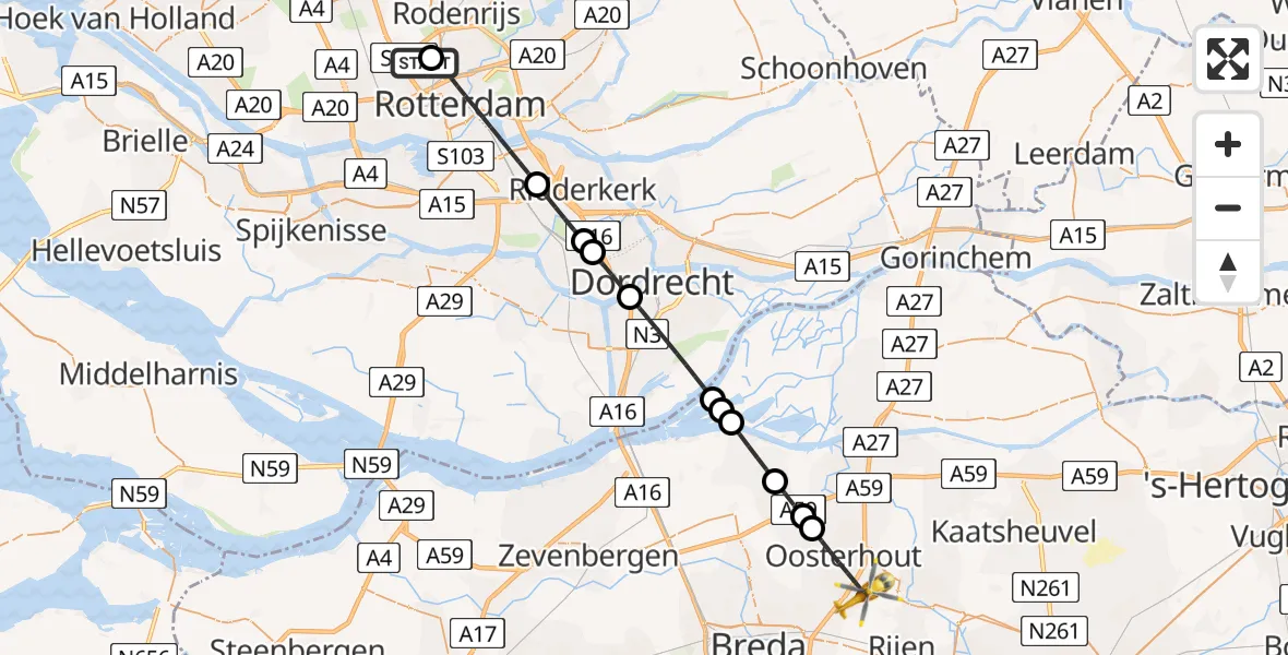 Vluchtroute Traumahelikopter Rotterdam The Hague Airport - Oosterhout, 09 juli 2026, 19:08