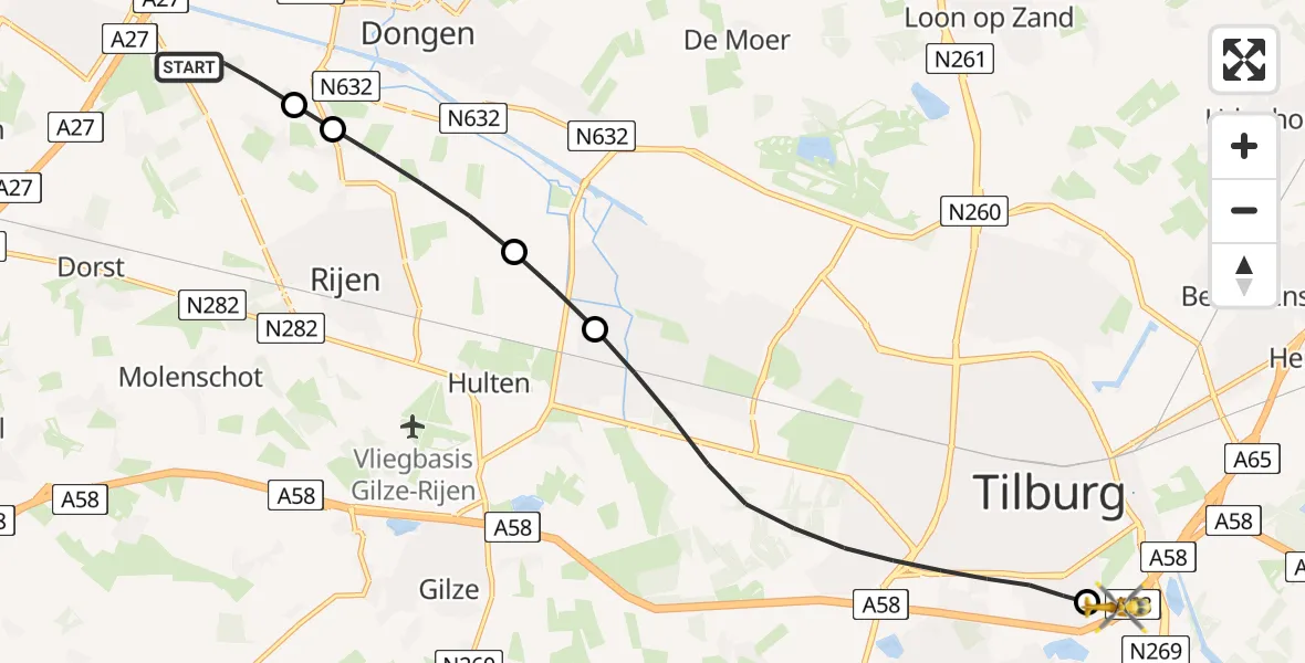 Vluchtroute Traumahelikopter Oosterhout - St. Elisabeth Hospital Heliport, 09 juli 2026, 19:43