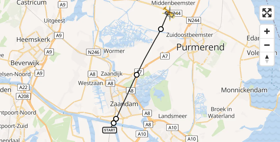 Vluchtroute Traumahelikopter Amsterdam Heliport - Beemster, 10 juli 2026, 03:09