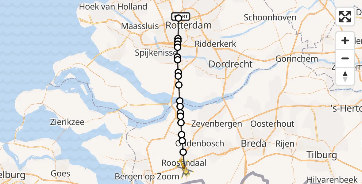 Vluchtroute Traumahelikopter Rotterdam The Hague Airport - Roosendaal, 10 juli 2026, 03:23