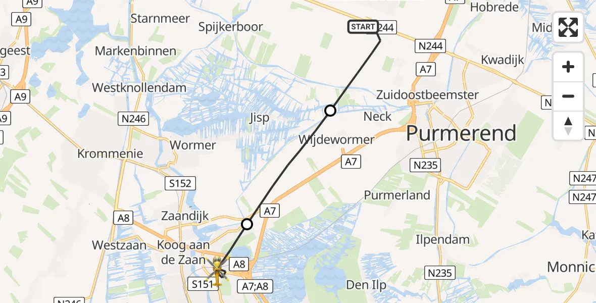 Vluchtroute Traumahelikopter Beemster - Zaandam, 10 juli 2026, 03:30