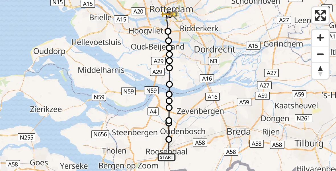 Vluchtroute Traumahelikopter Roosendaal - Erasmus MC, 10 juli 2026, 03:55