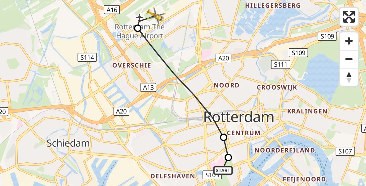 Vluchtroute Traumahelikopter Erasmus MC - Rotterdam The Hague Airport, 10 juli 2026, 04:42