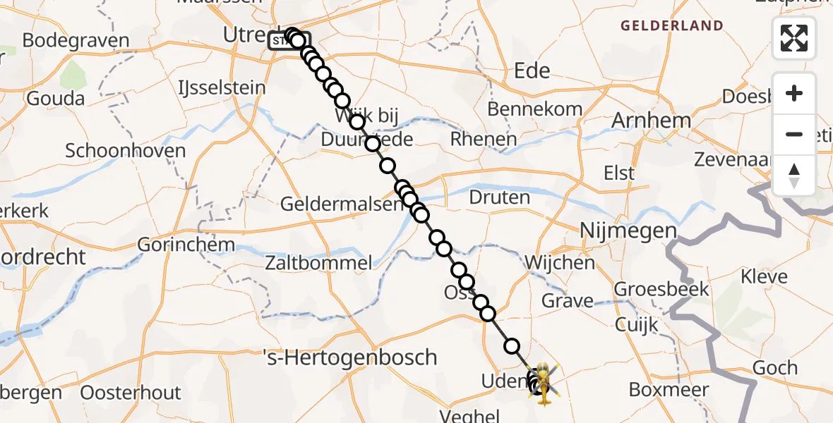 Vluchtroute Traumahelikopter Universitair Medisch Centrum Utrecht - Vliegbasis Volkel, 10 juli 2026, 05:43