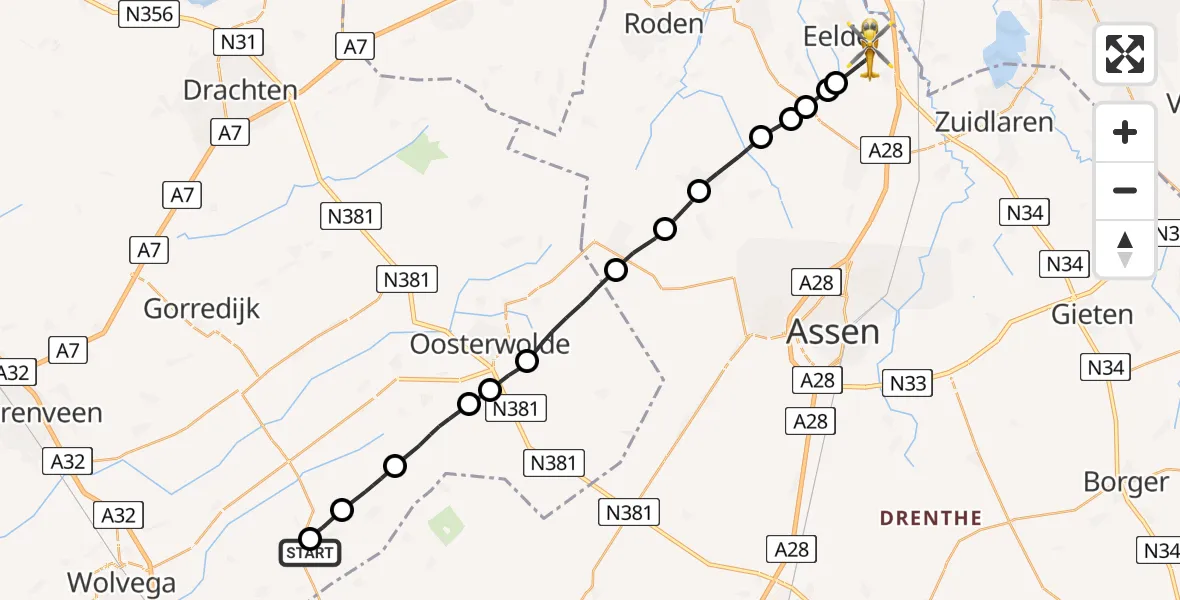 Vluchtroute Traumahelikopter Noordwolde - Groningen Airport Eelde, 10 juli 2026, 06:42