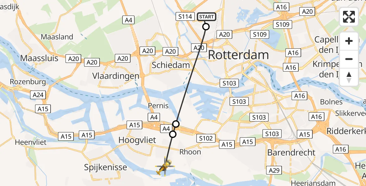 Vluchtroute Traumahelikopter Rotterdam The Hague Airport - Poortugaal, 10 juli 2026, 07:02