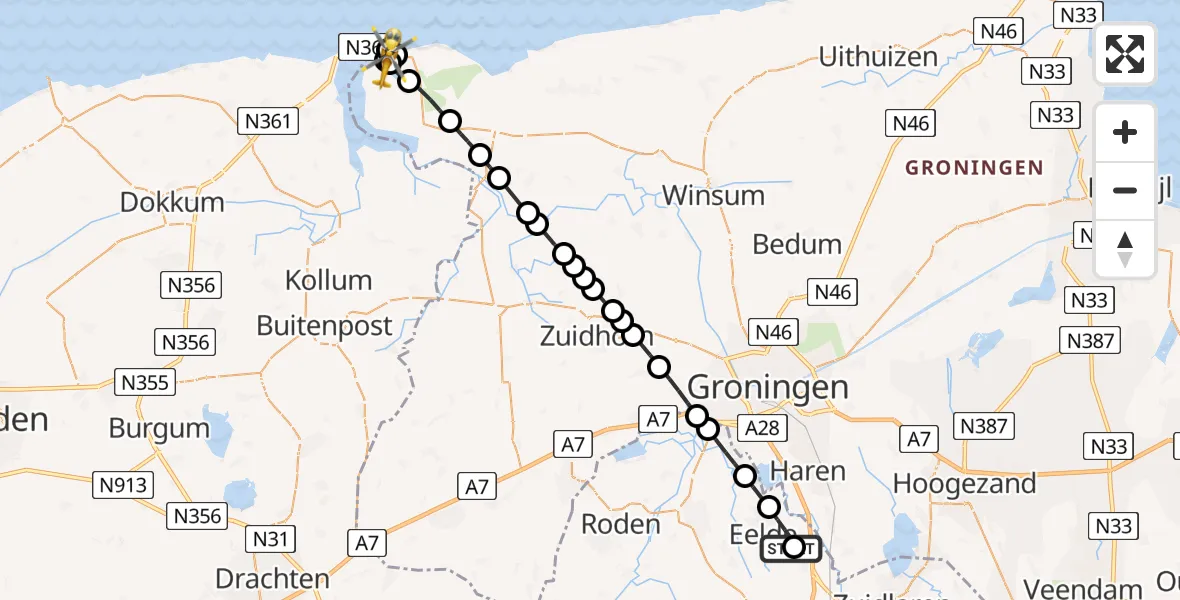Vluchtroute Traumahelikopter Groningen Airport Eelde - Nieuwe Robbengat, 10 juli 2026, 07:05