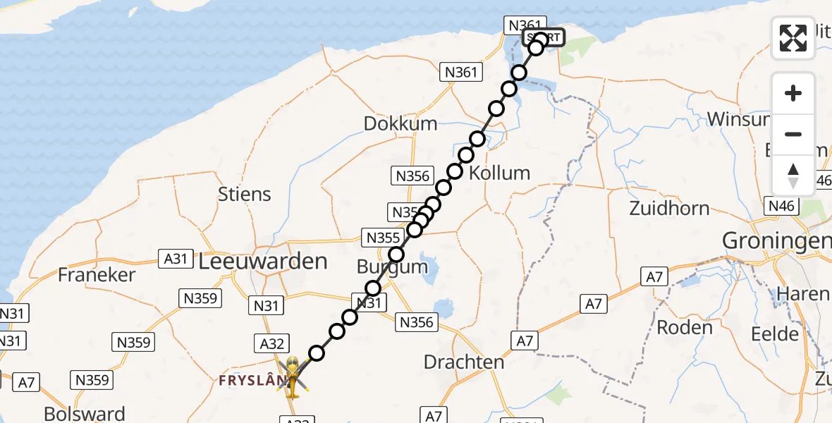 Vluchtroute Traumahelikopter Lauwersoog - Grou, 10 juli 2026, 08:11