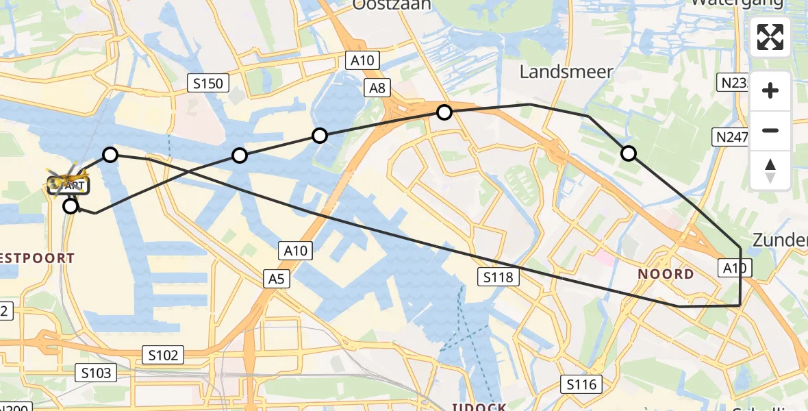 Vluchtroute Traumahelikopter Amsterdam Heliport - Amsterdam Heliport, 10 juli 2026, 08:19