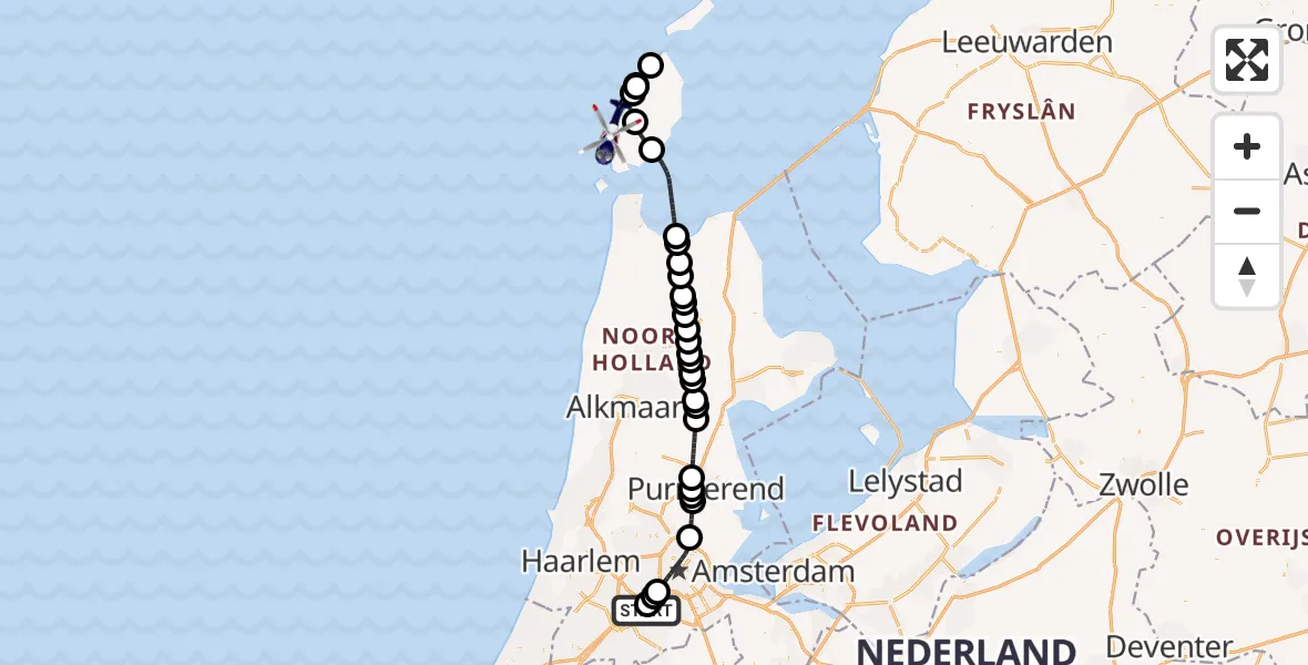 Vluchtroute Politiehelikopter Amsterdam Vliegveld Schiphol - Noordzee, 10 juli 2026, 08:32
