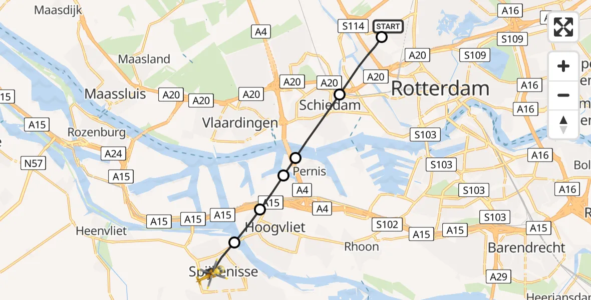 Vluchtroute Traumahelikopter Rotterdam The Hague Airport - Spijkenisse, 10 juli 2026, 08:42